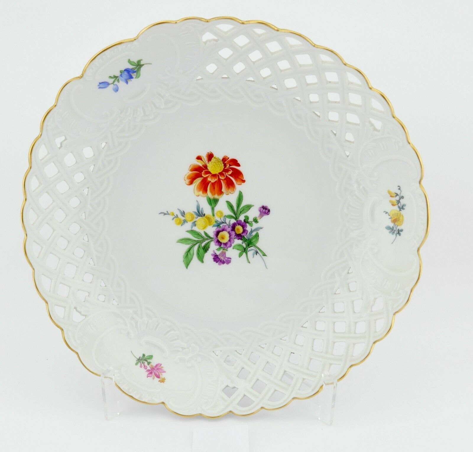 Meissen Durchbruchschale Weiß Goldrand Ø 25 cm Blumendekor 332 46a / 206