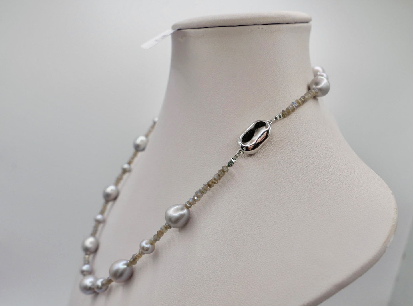 Elegante Labradorit Perlenkette Silber Collier Grau Barockperlen S.S.V. BOTTOM