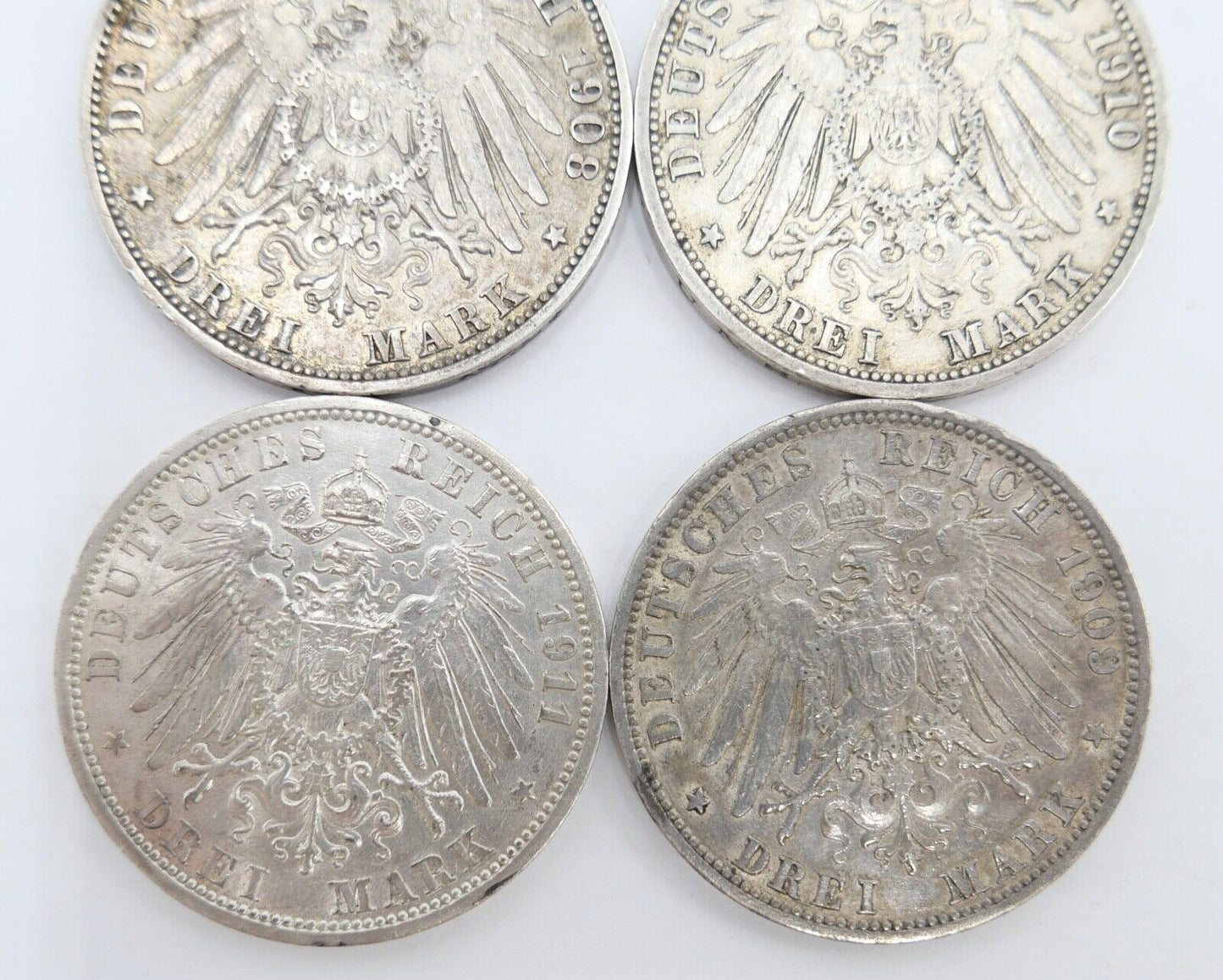 5 Stück 3 Mark 1908 Wilhelm II. Jäger J.103 Dt. Kaiserreich Silber Preussen