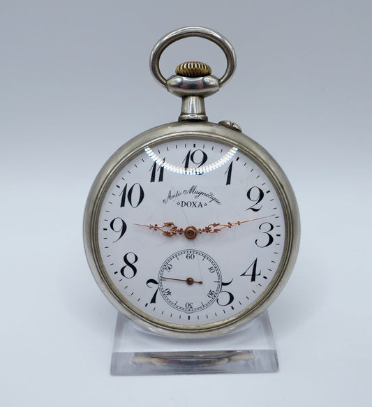 Doxa Anti Magnetique Taschenuhr Goliath 65mm Vintage open face Eisenbahn 1905