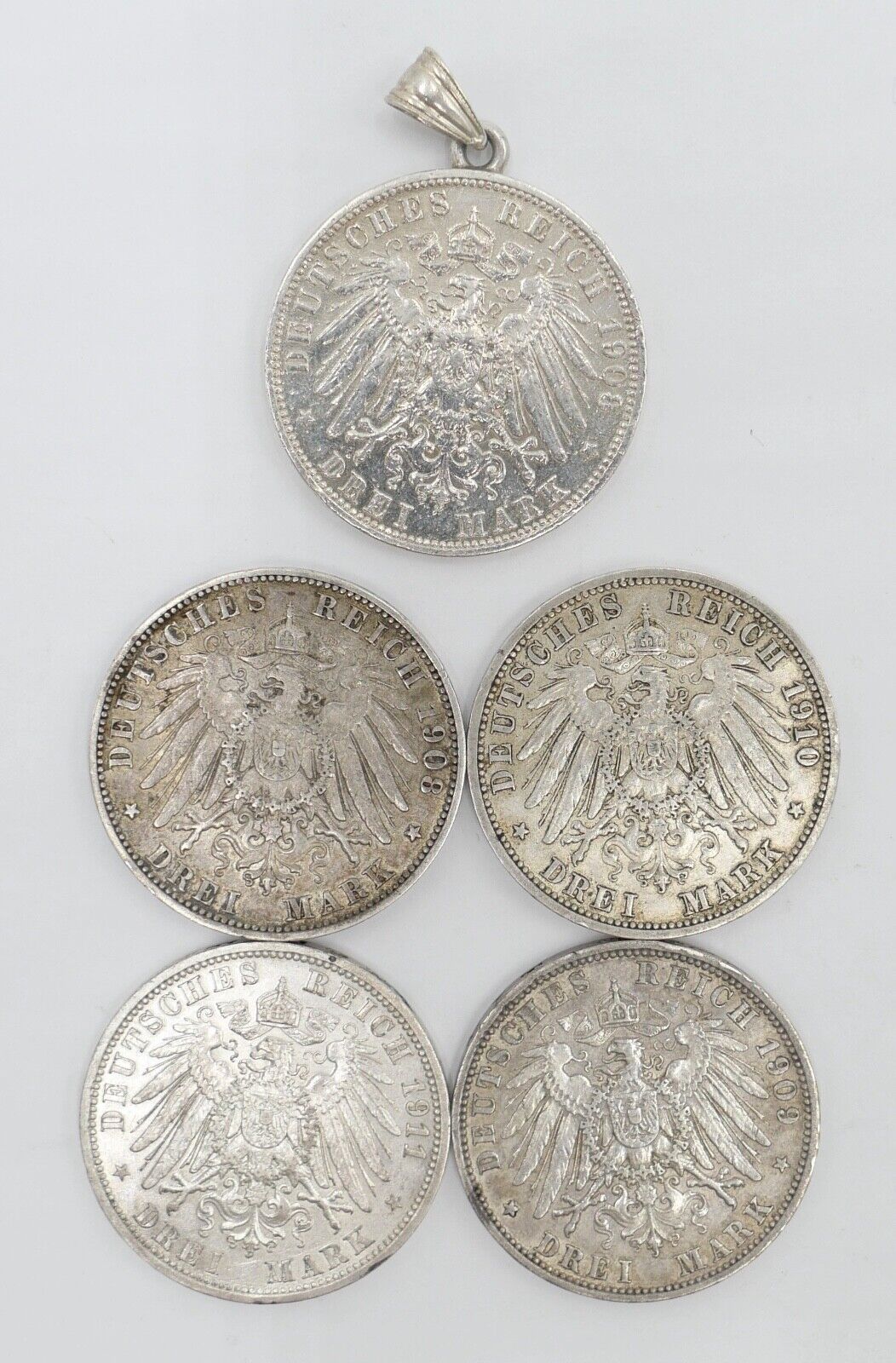 5 Stück 3 Mark 1908 Wilhelm II. Jäger J.103 Dt. Kaiserreich Silber Preussen