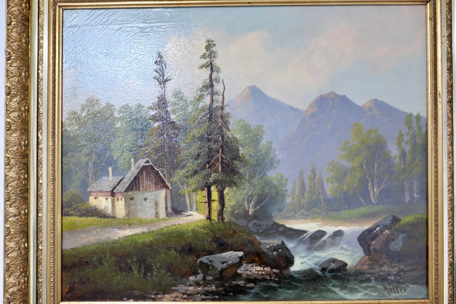 Gemälde Bach / Wald / Berg Landschaft Öl auf Leinwand Prunkrahmen 85x72cm KELLER