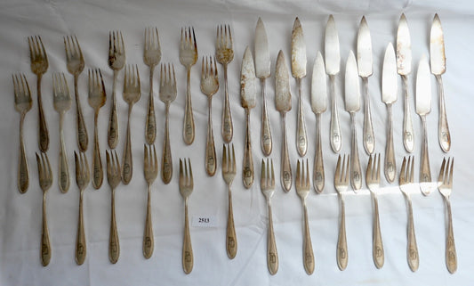 WMF G Perlrand 36 tlg. versilbert I/O Monogram PD um 1910 Straußen Fischbesteck