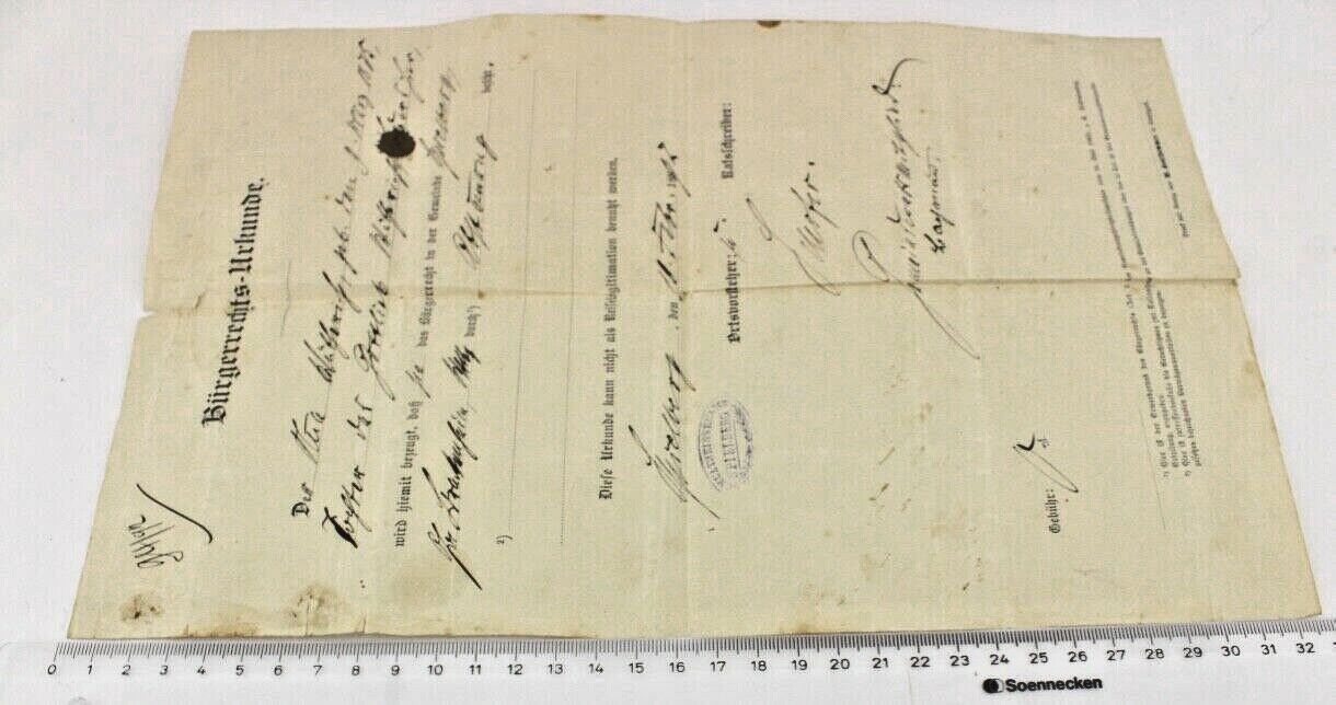 Bürgerrechts Urkunde 1892 Schultheissenamt Spielberg Civil rights certifi