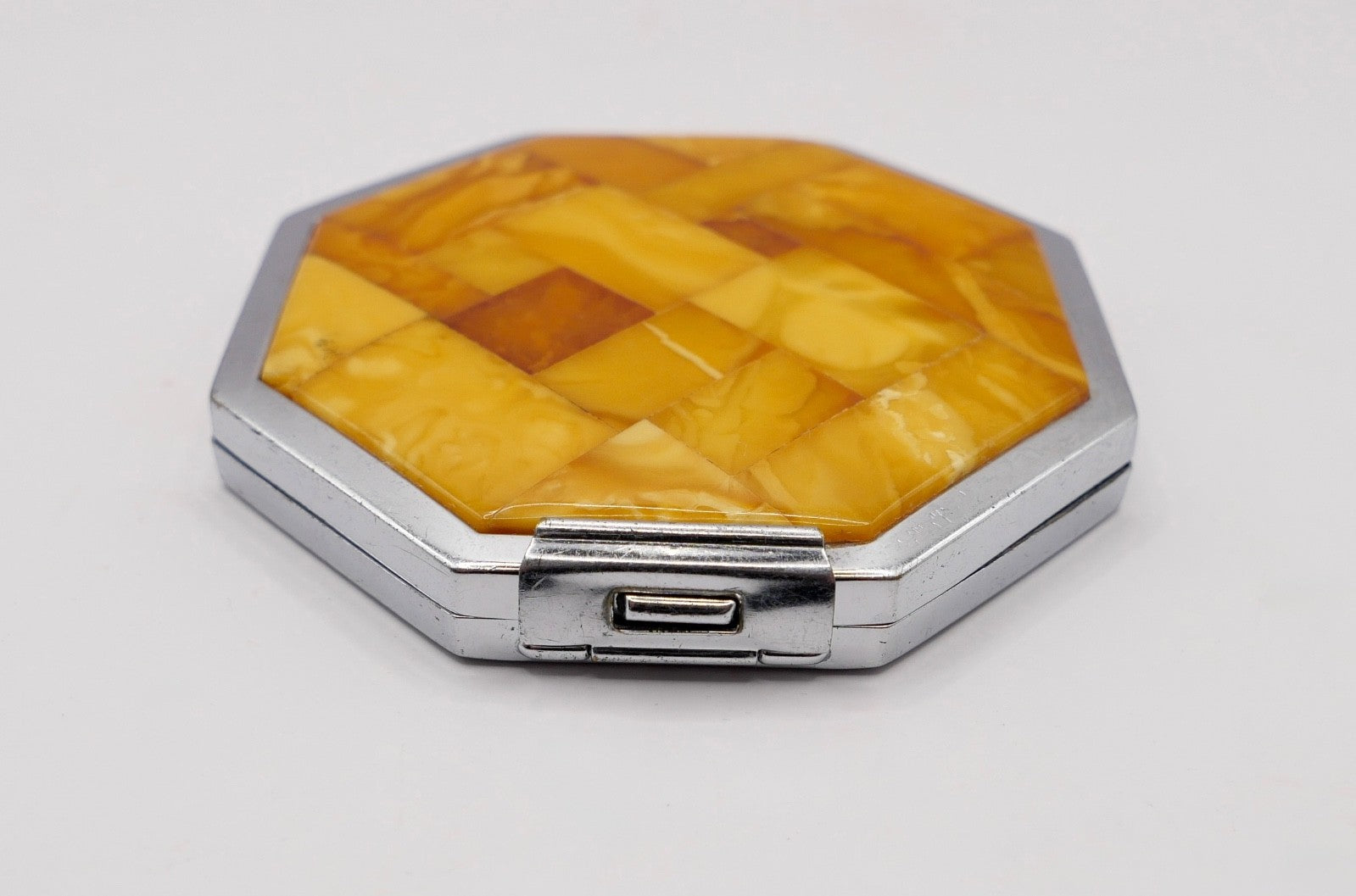 alte Puderdose mit Spiegel Bernstein butterscotch Ø 7,5cm