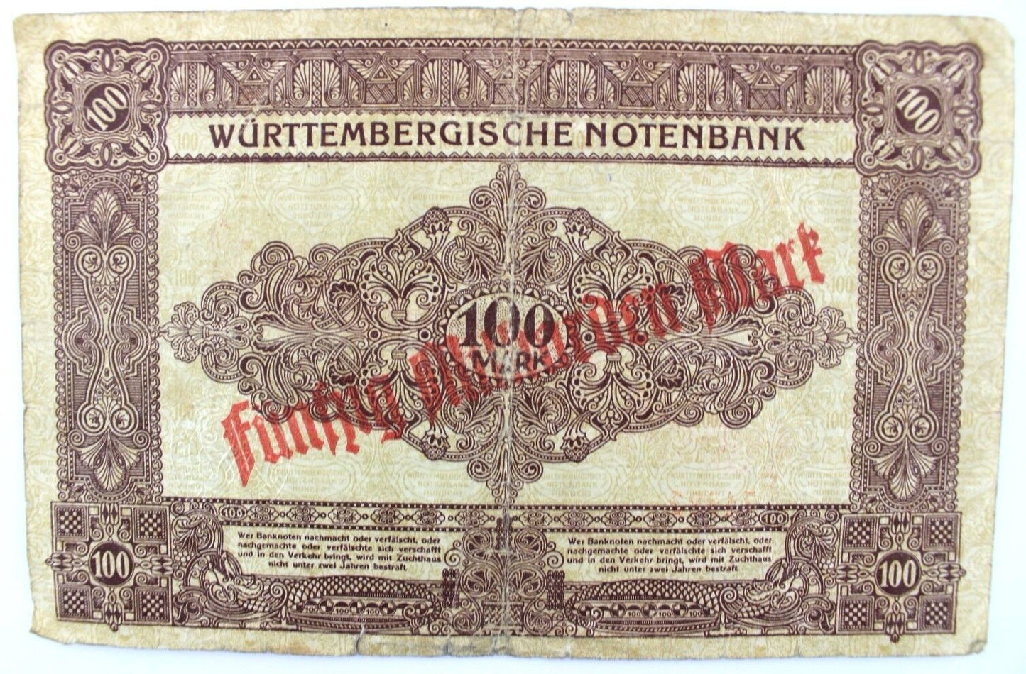 WTB 22 Banknote 100 Mark Hundert 1918 Württembergisches NOTENBANK