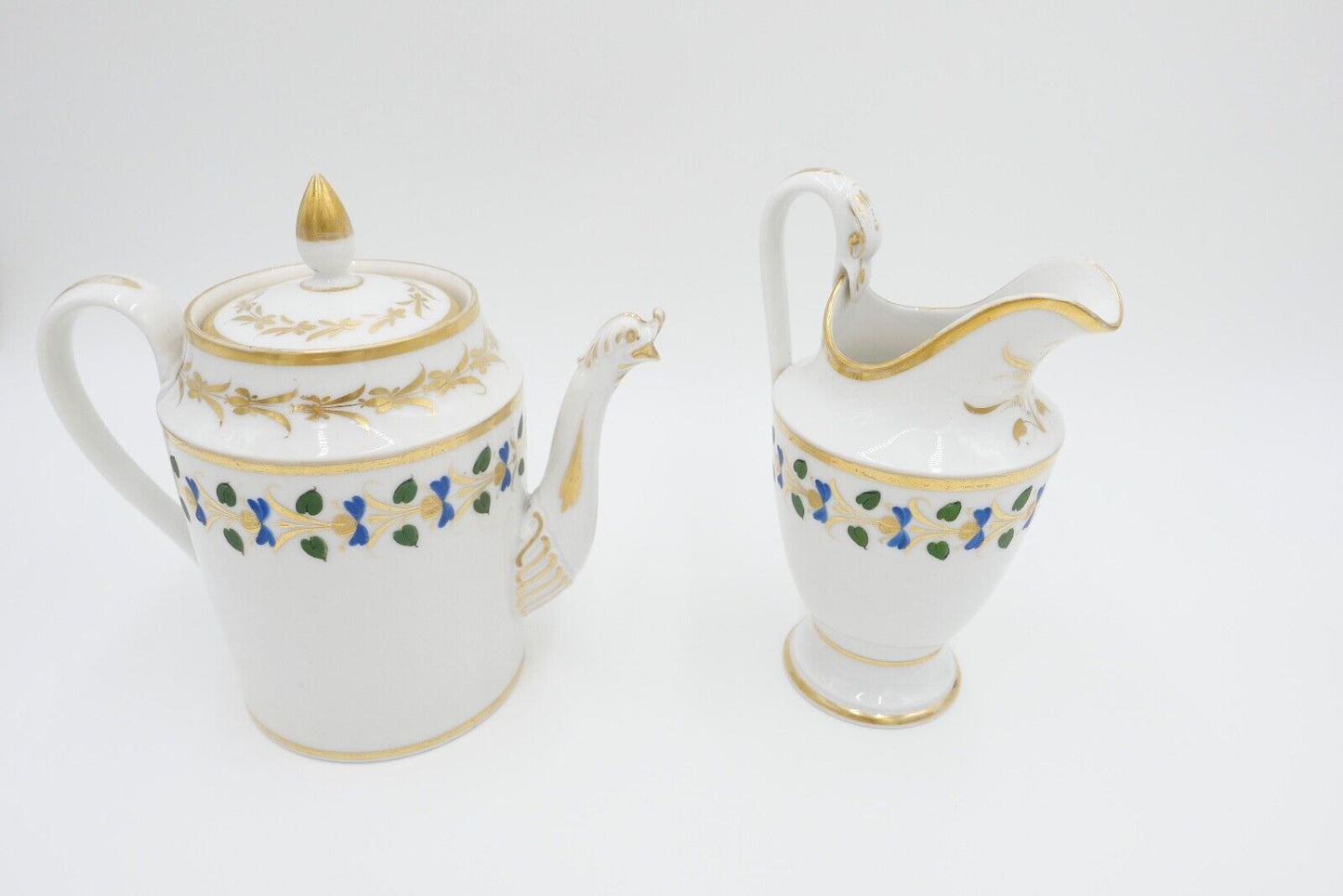 um 1830 antik Biedermeier Porzellan Kaffee & Milchkanne Schwanenhals Goldrand