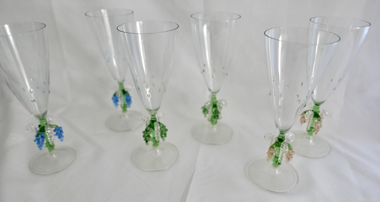6x Lauscha Bimini Sekt Glas Gläser Set Art Deco 17 cm buntes Traubenmotiv