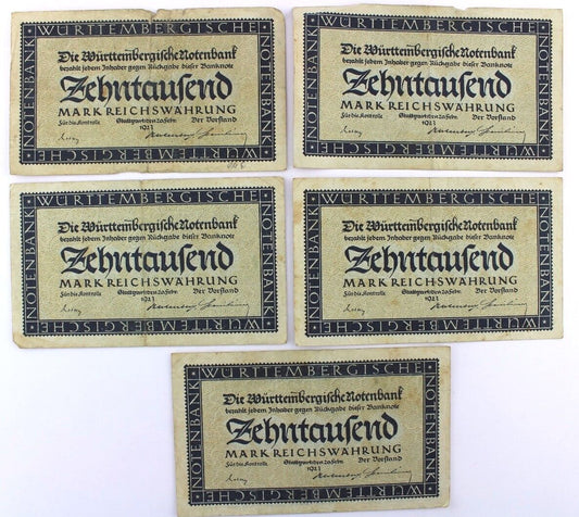 5x WTB 13 Banknote 10000  Mark 1923 old Bill Ro. Württembergische Notenbank