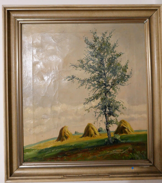 Ölgemälde 60x55 cm signiert Landschaft BAUM FELD Heuhügel