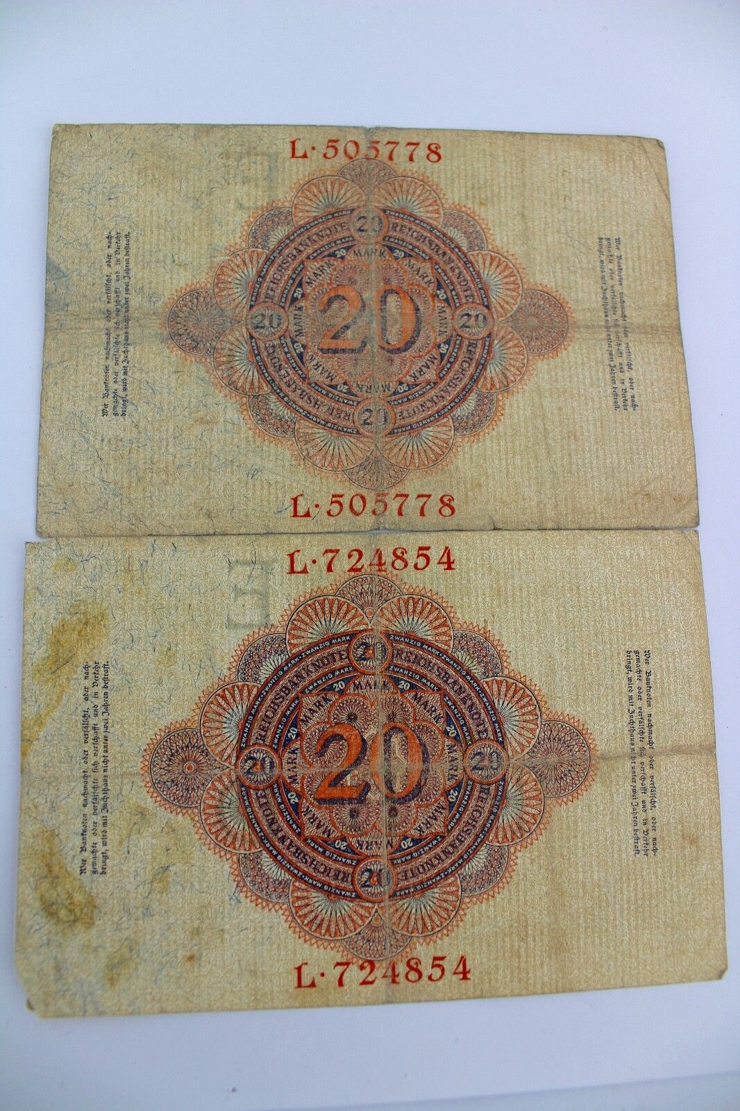 2 x Ro. 47a Banknote 20 Zwanzig Mark 1914 Reichsbanknote old bill  6 stellig 