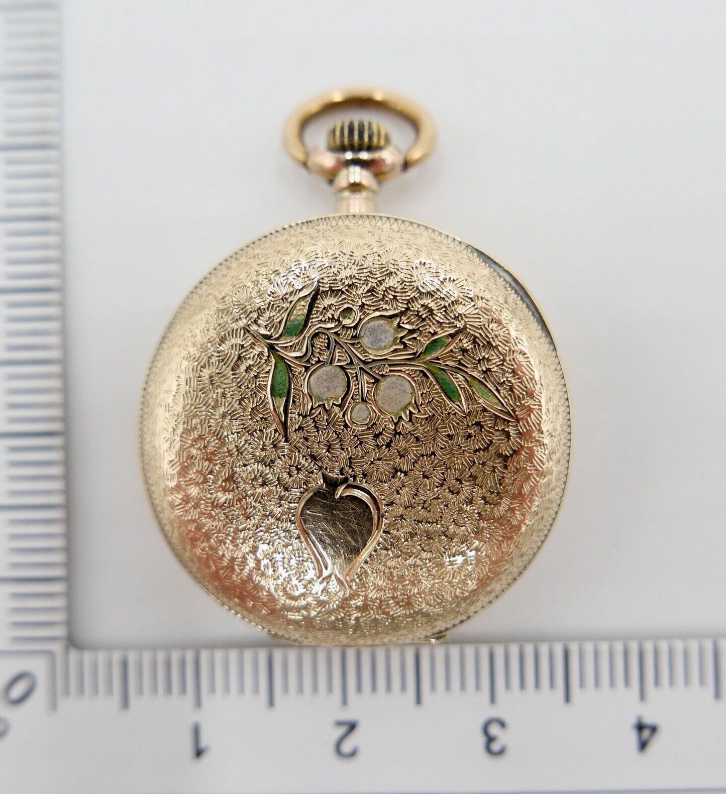 kleine BF Damen Taschenuhr 1930-40er GOLD 585 14K Schweiz Emaille floral 29mm