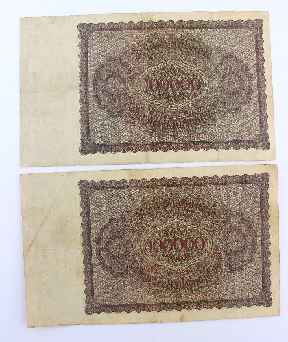 2x Ro. 82d  Banknote 100.000 Mark 1923 old Bill  KN 6 stellig 