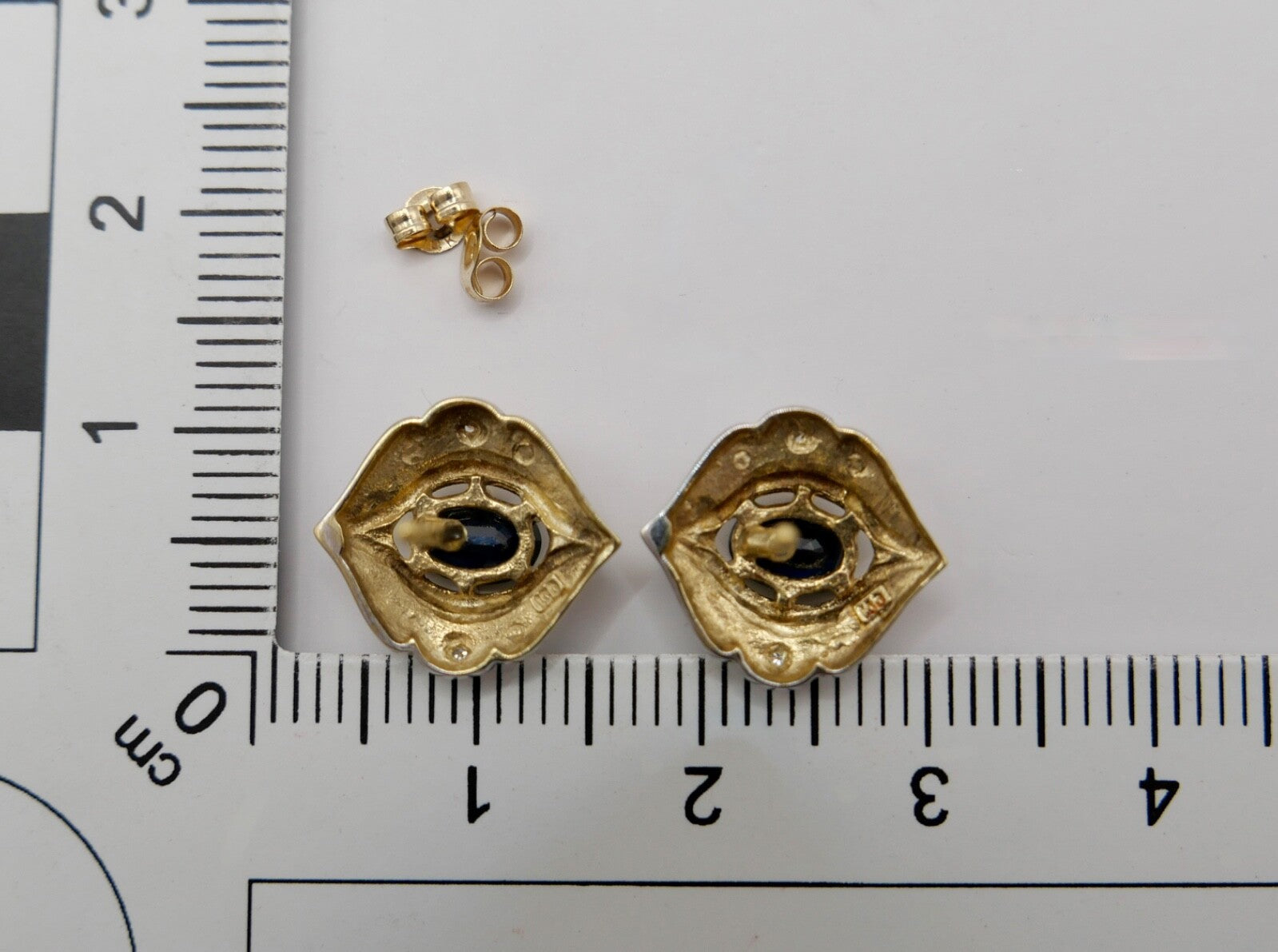 Bicolor 1970er Gold 585 14K Diamant & Saphir Ohrringe Ohrstecker  Ø 13,4mm