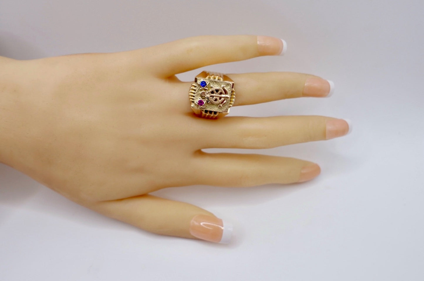 Herrenring 14K Gelbgold Anker Steuerrad Rubin Saphir Nautisch Gr.61 Seefahrt 585