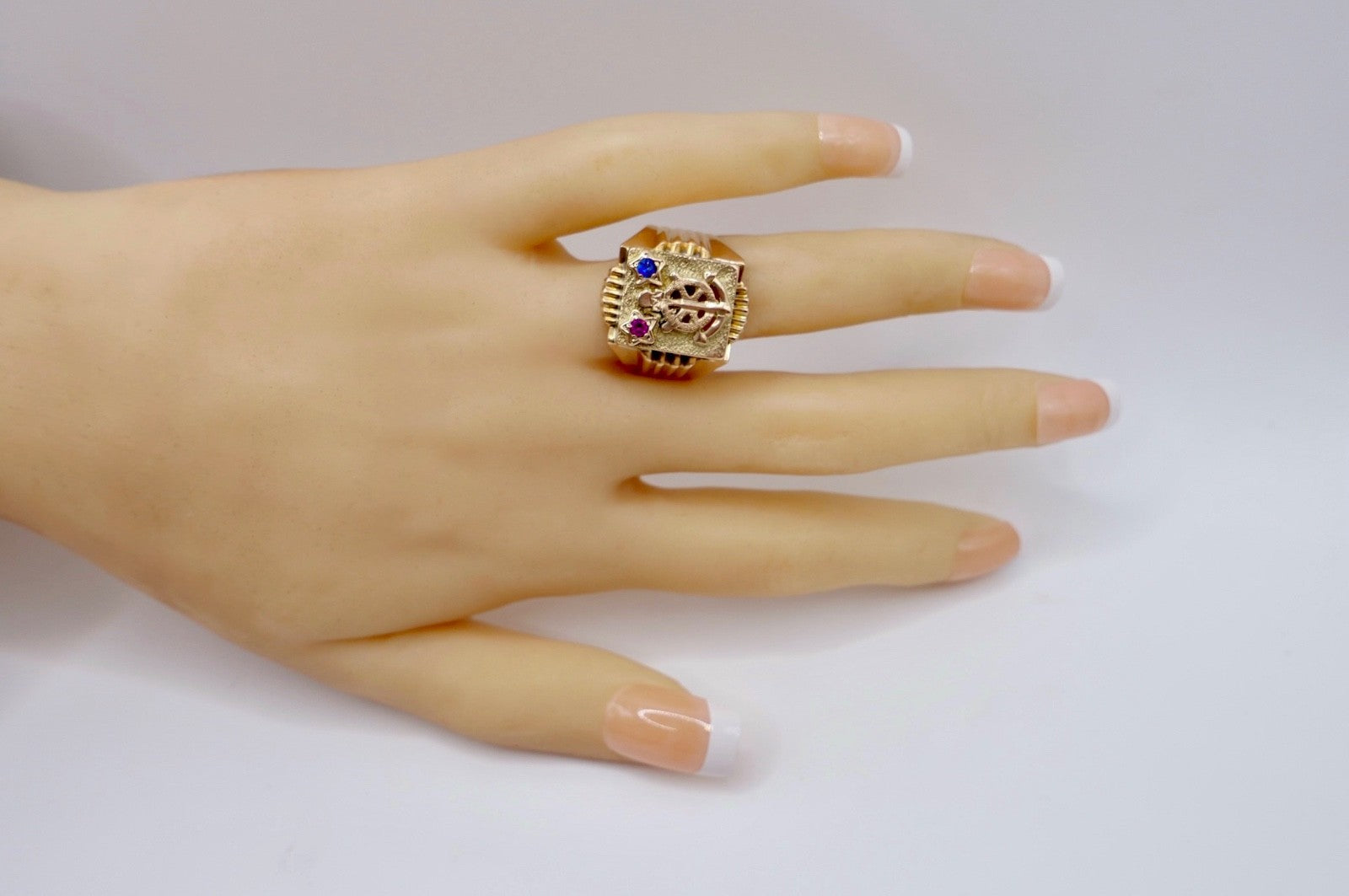 Herrenring 14K Gelbgold Anker Steuerrad Rubin Saphir Nautisch Gr.61 Seefahrt 585