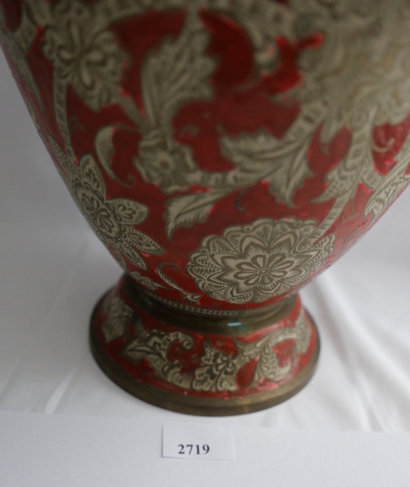 Große Messingvase Emaille Indien Handarbeit Rot Gold Blumendekor Vintage