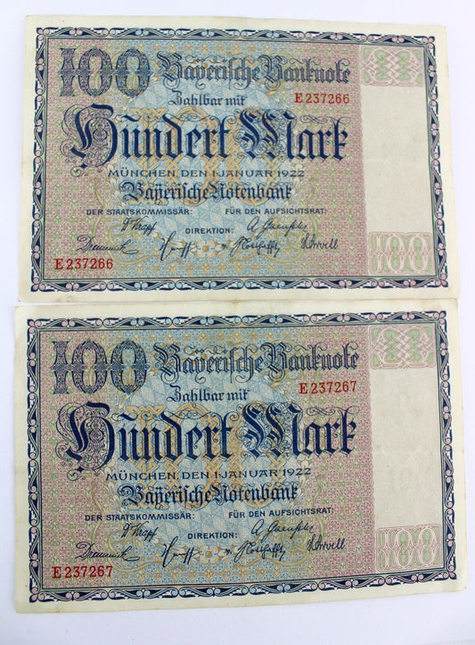 2x BAY 4 Banknote 100 Mark Hundert 1922 München old bill FORTLAUFEND Serien Nr - Antikhandel-Stuttgart