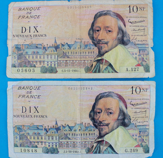 2x 10 NF Banque de France Banknote 1960 1962 bill Frankreich Billet Richelieu