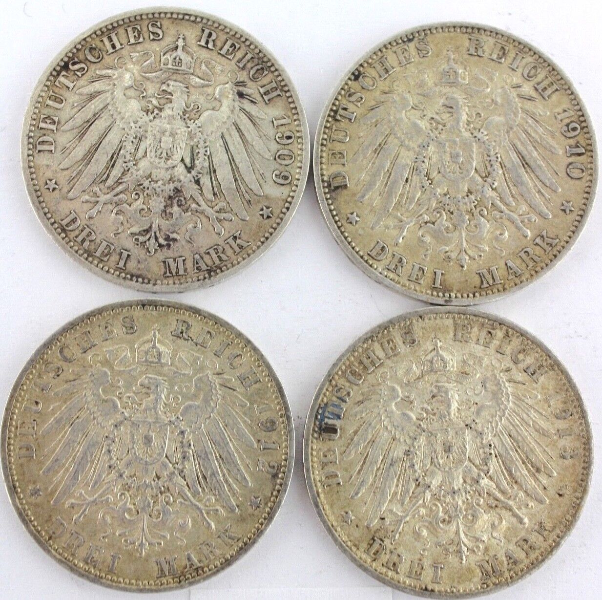 4x 3 Mark  " OTTO  " König von Bayern 1909 1910 1912 1913 D Jäger J. 47 Silber 