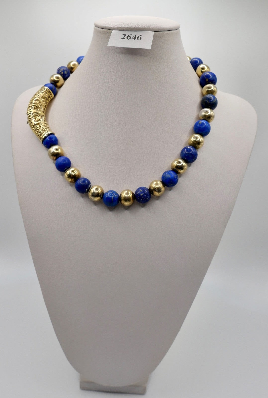 70er Jahre Lapislazuli Lapis Perlen Kugel Kette Collier 925 Silber vergoldet