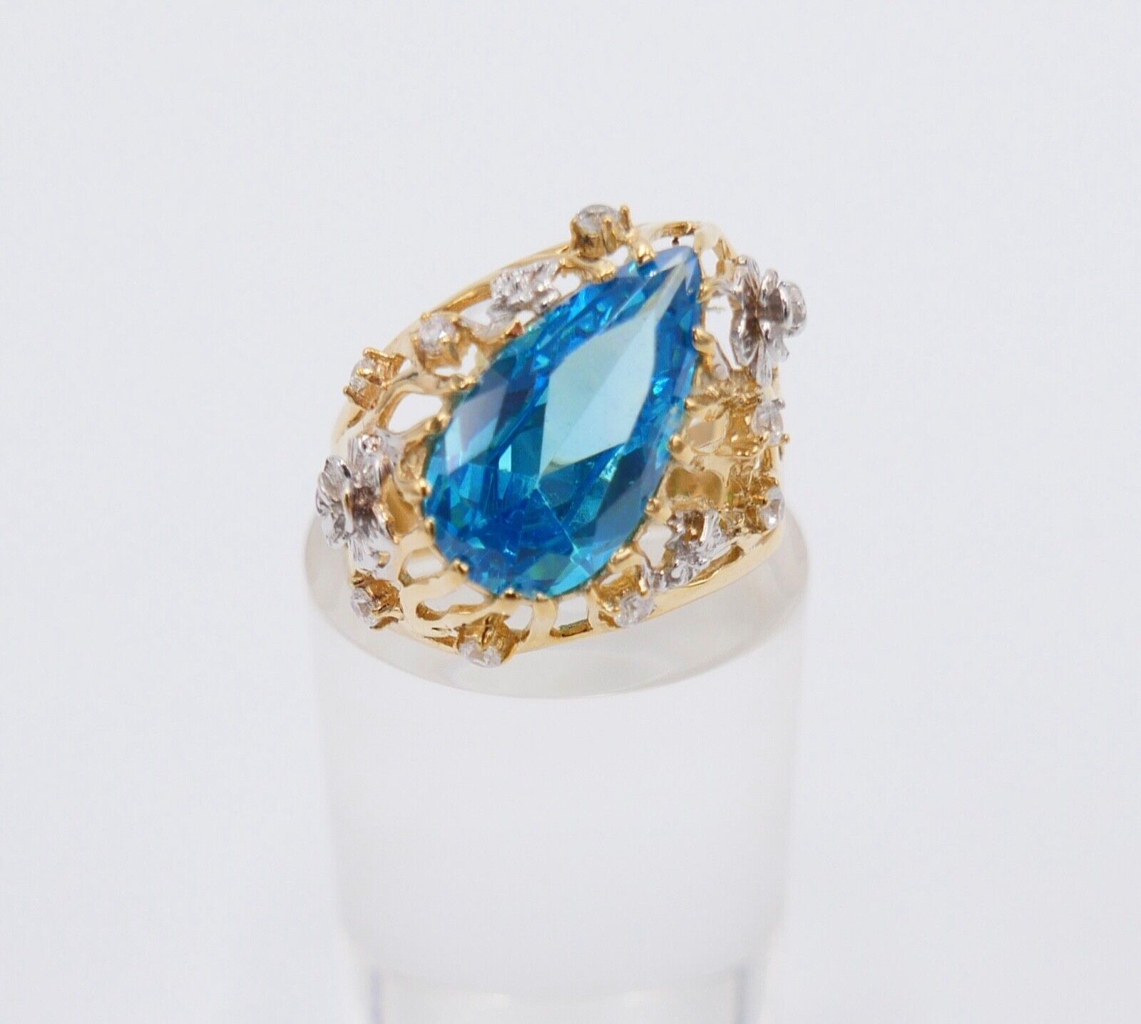 Gelbgold Ring mit Blautopas & Zirkonia 585 14K Gr. 55 im Tropfen Schliff  5,0 Ct