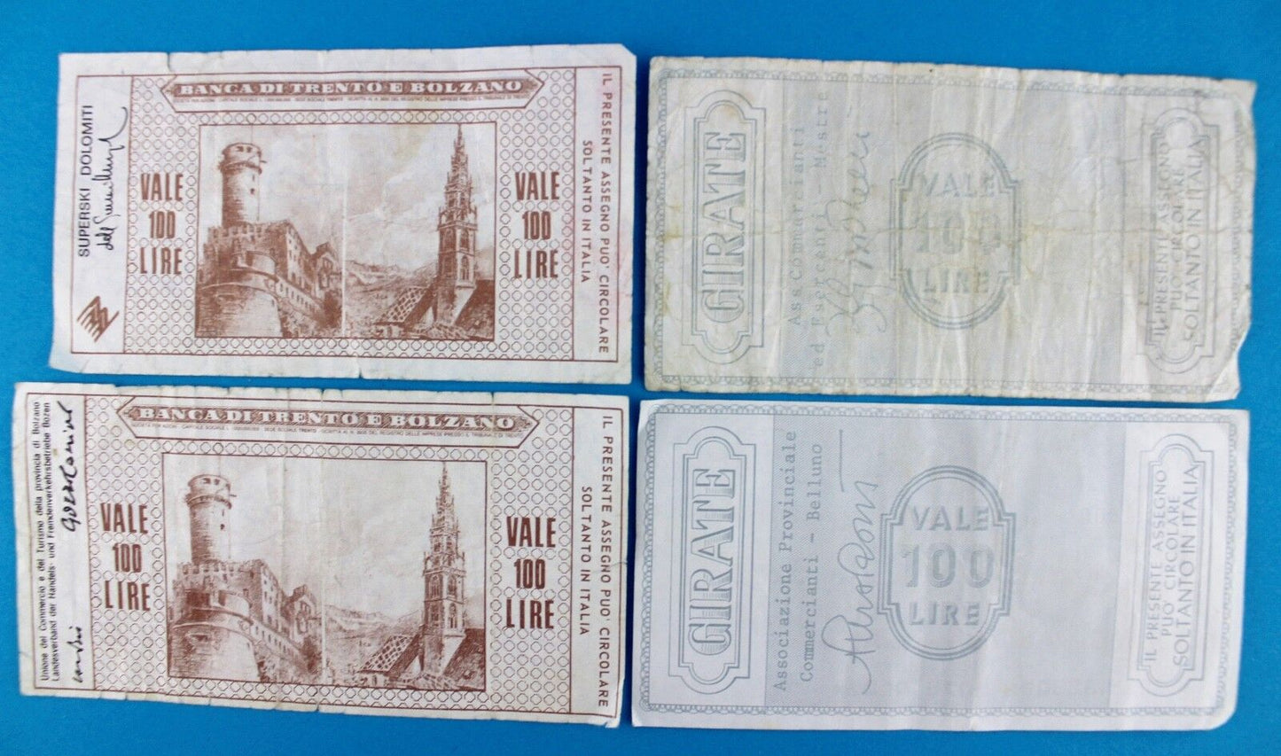 4x 100 Lire Cento Banca Cattolica / Trento Bolzano Italy Banknoten 1976 bill 