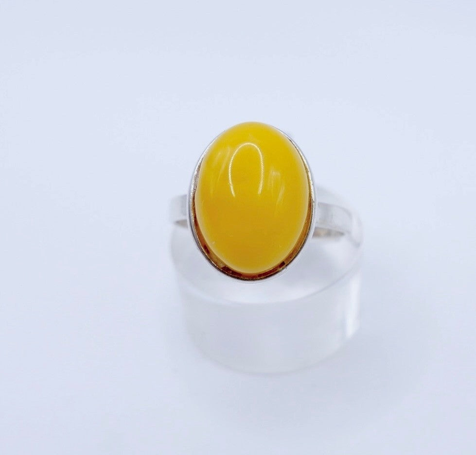 Silberring mit großem gelben Bernstein Cabochon 925 Silber Vintage Gr. 59