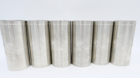 NEUwertig 6 Stück Royal SELANGOR PEWTER Zinn Tinn Becher Palmen Meer