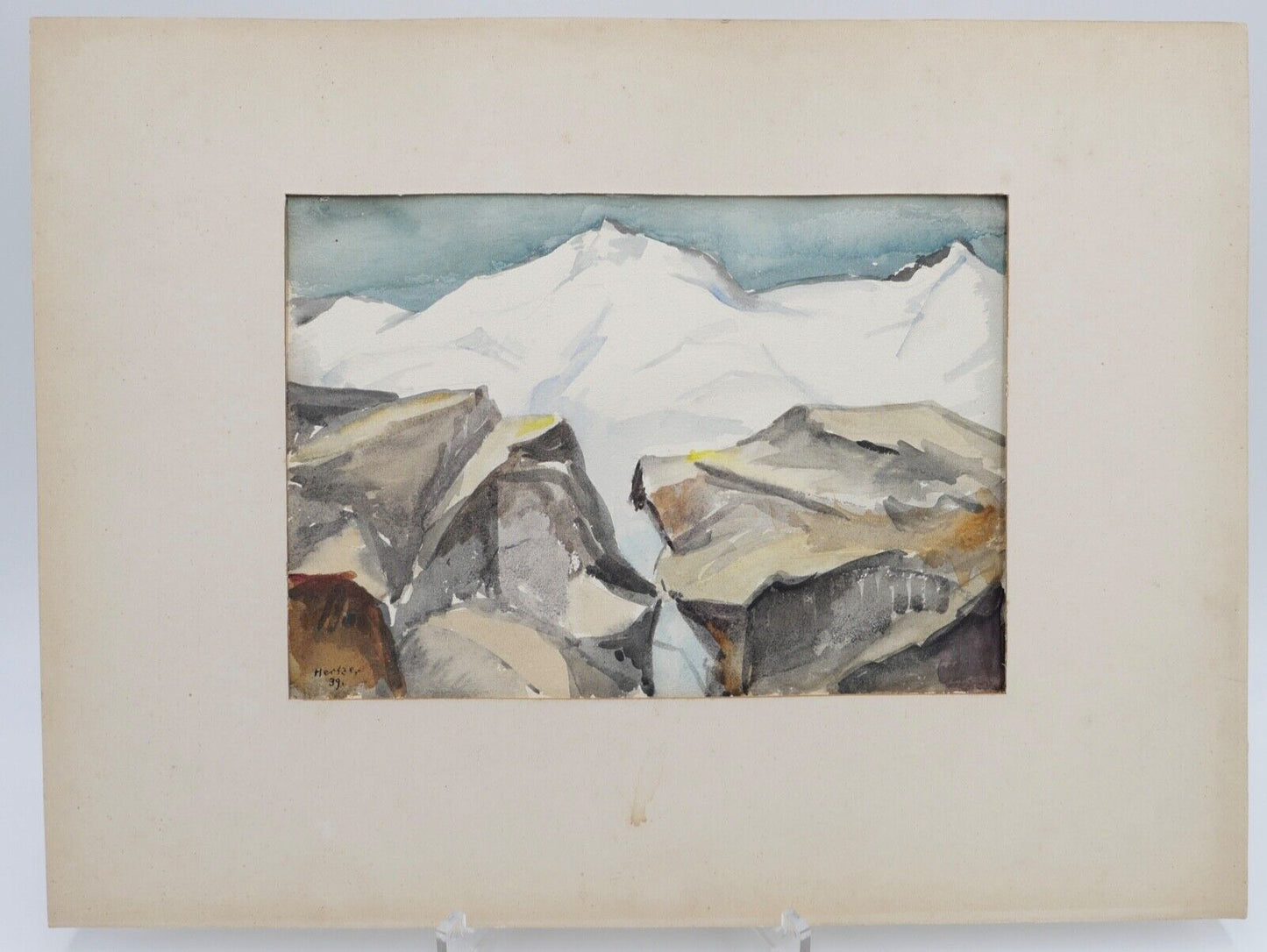 1939 Else Hertzer signiert und datiert Aquarell Winter Berge Landschaft 42x32 cm