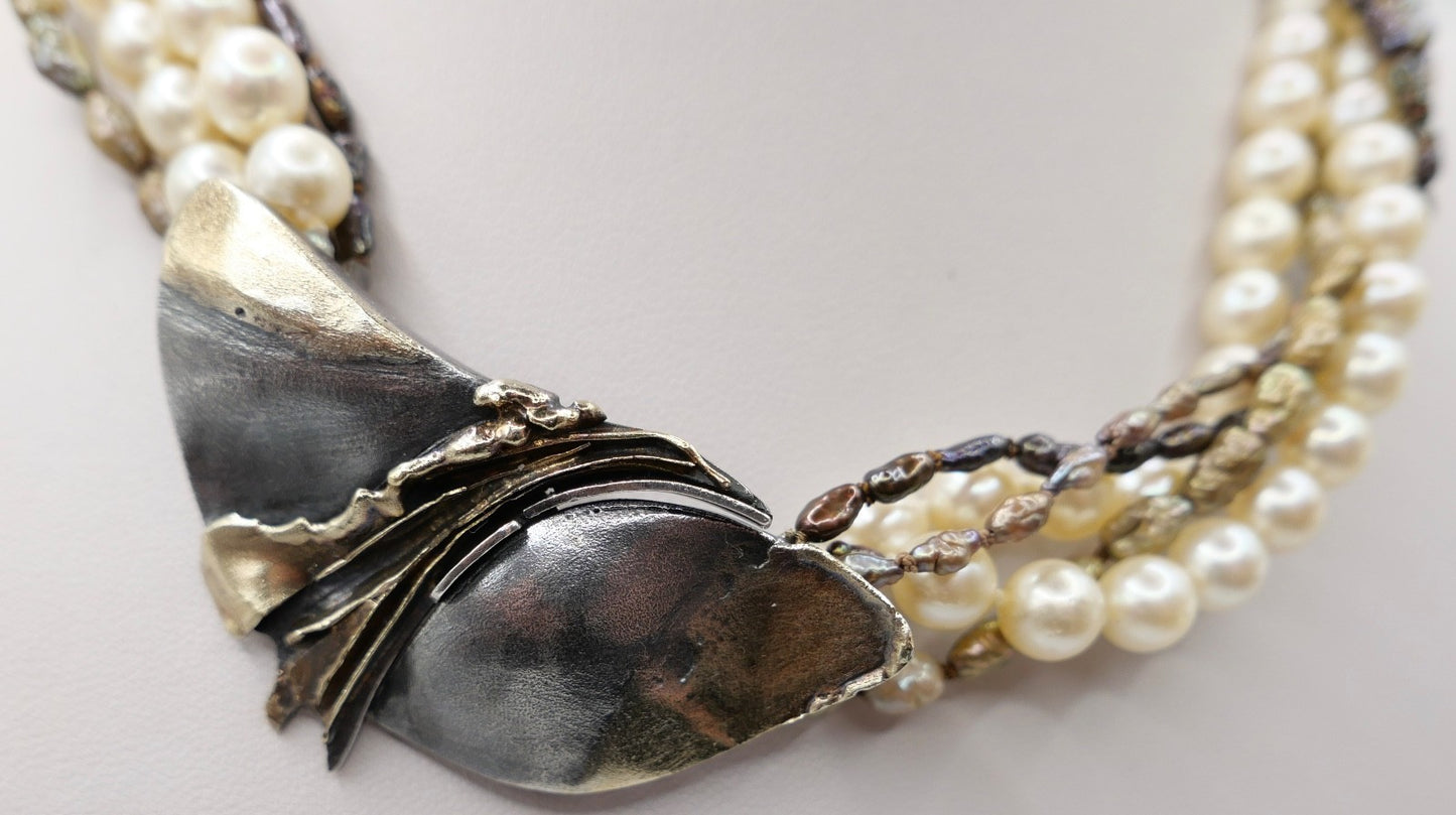 80er Perlenkette Collier 5-reihig 925 Silber vergoldet Schmetterlingsverschluss