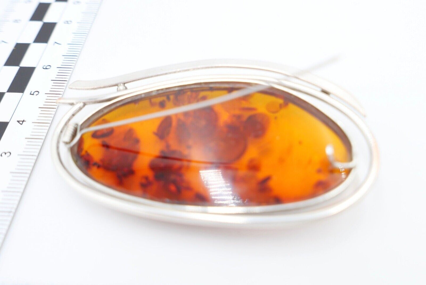 Große alter Bernstein Brosche versilbert Amber 8 cm 