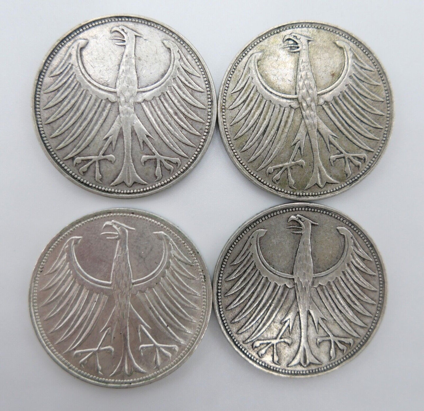 4x 5 DM 1951 J.387 Silbermünzen Silberadler Heiermann Komplettsatz D F G J