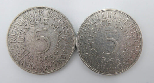 2x 5 DM 1958 D G Silbermünzen Jäger J.387 Silberadler Heiermann