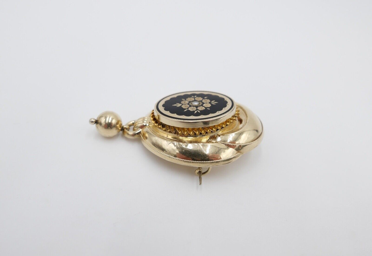 große BIEDERMEIER um 1840 antike Brosche 585 / 14K Schaumgold Saatperle ONYX