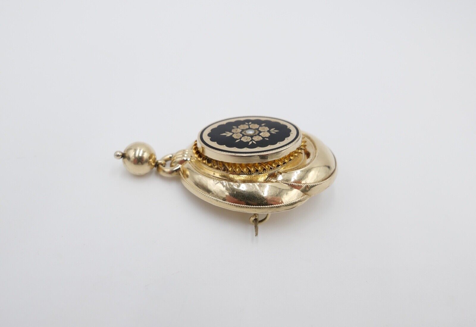 große BIEDERMEIER um 1840 antike Brosche 585 / 14K Schaumgold Saatperle ONYX