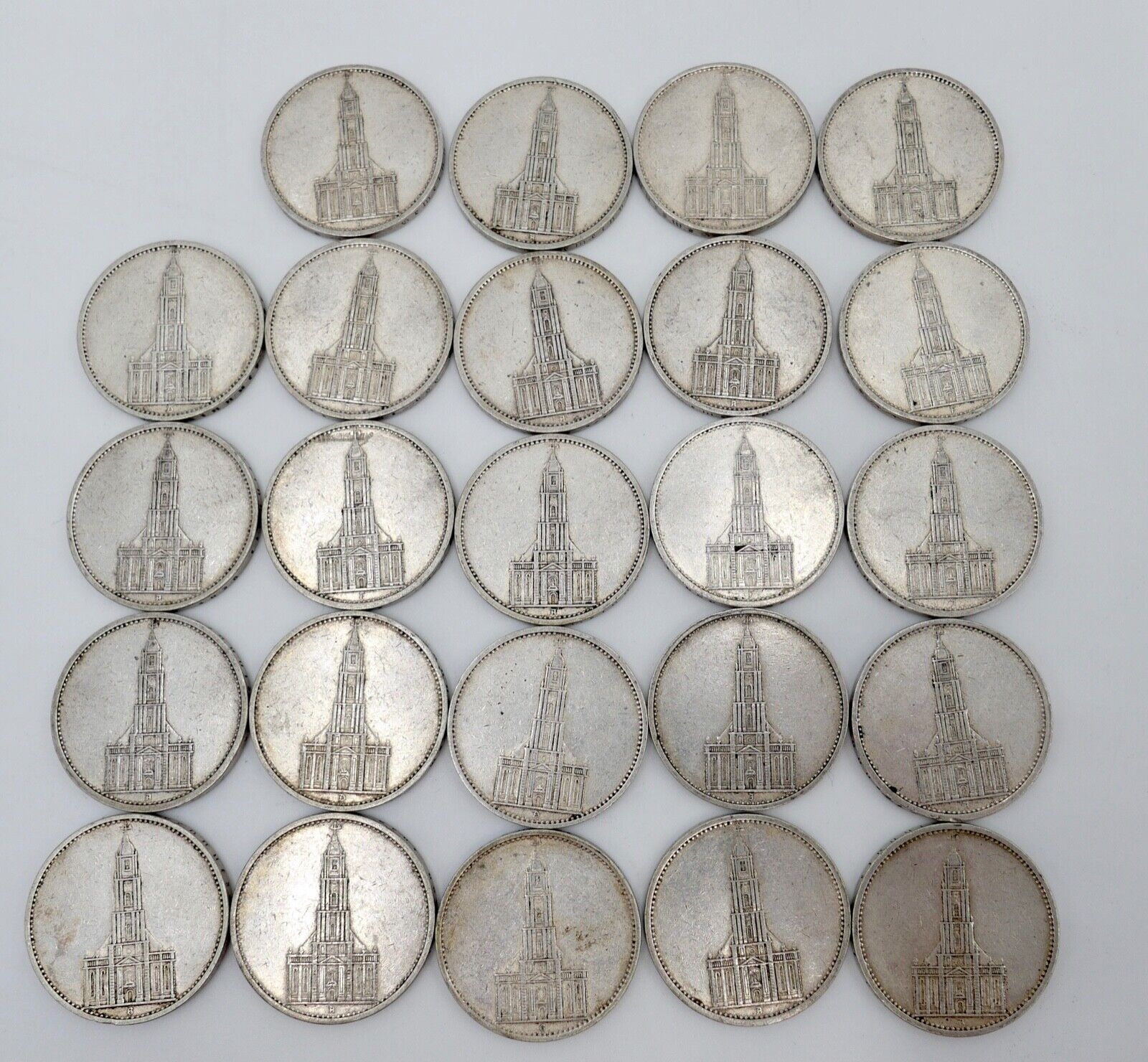 24x 5 Reichsmark 900 Silbermünzen J. 357 Garnisonskirche 1935 aus Münzrolle