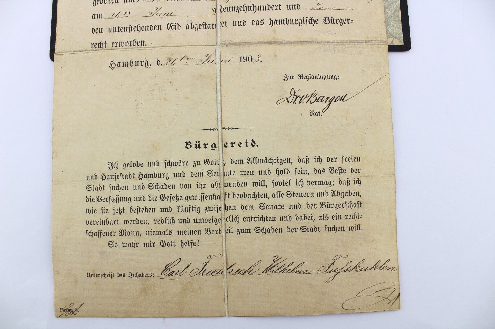 Bürgerrecht Urkunde 1903 Bürgereid freie Hansestadt Hamburg Civil rights certifi