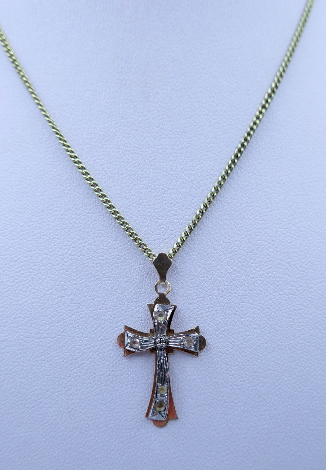 Antiker Kreuz Anhänger 585 Gold Gelbgold  / Weißgold Glassteine 14K