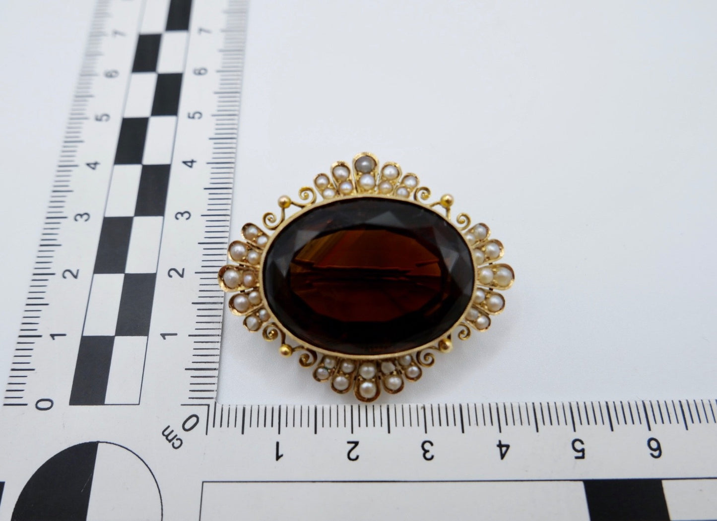 Große antike Brosche Gelbgold 585 14K Rauchquarz Saatperlen viktorianisch 40 ct