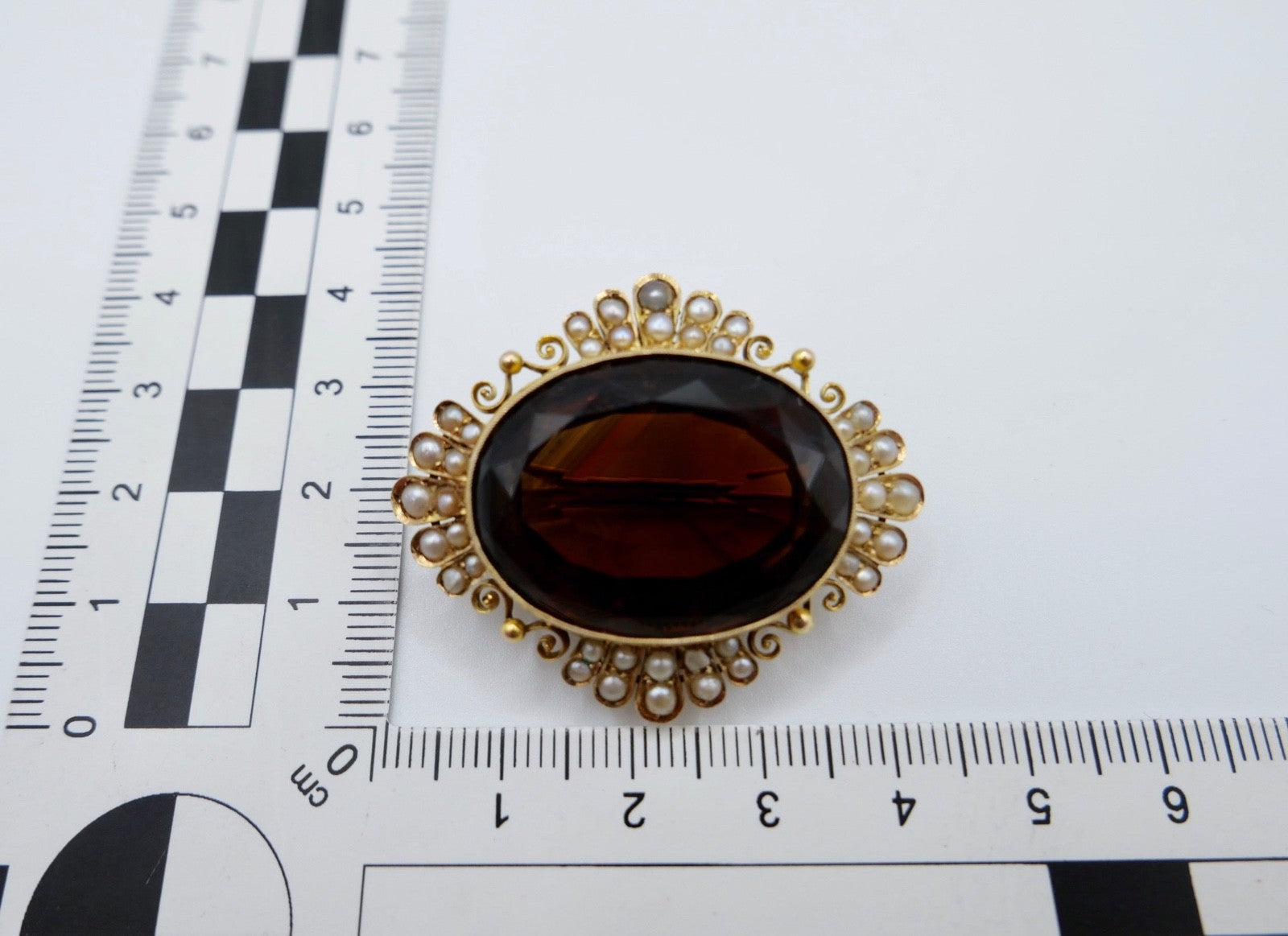 Große antike Brosche Gelbgold 585 14K Rauchquarz Saatperlen viktorianisch 40 ct