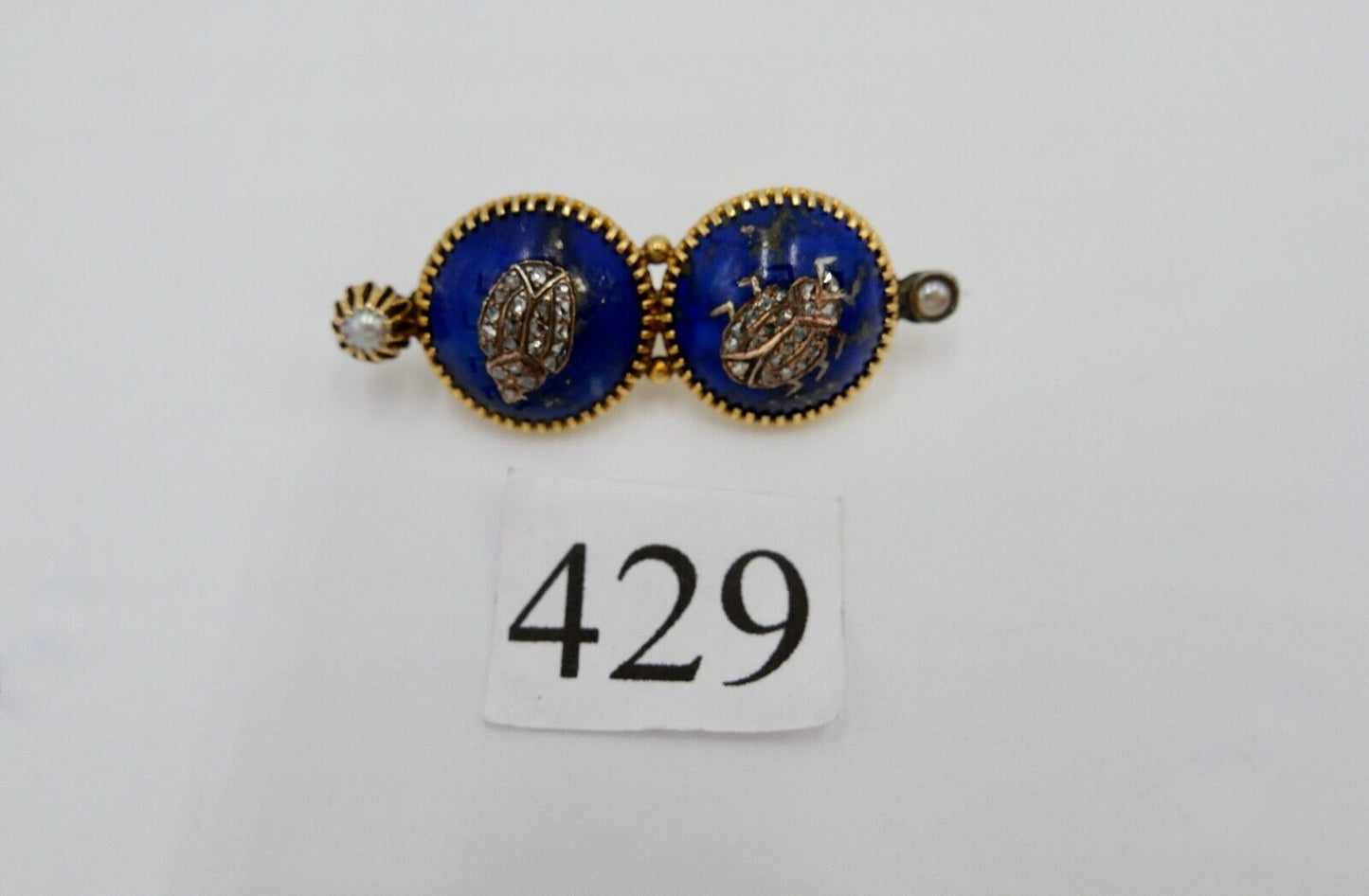 Antike 750 18K Gold Brosche Anstecknadel Perlen Diamanten Lapis Käfer 19. JH