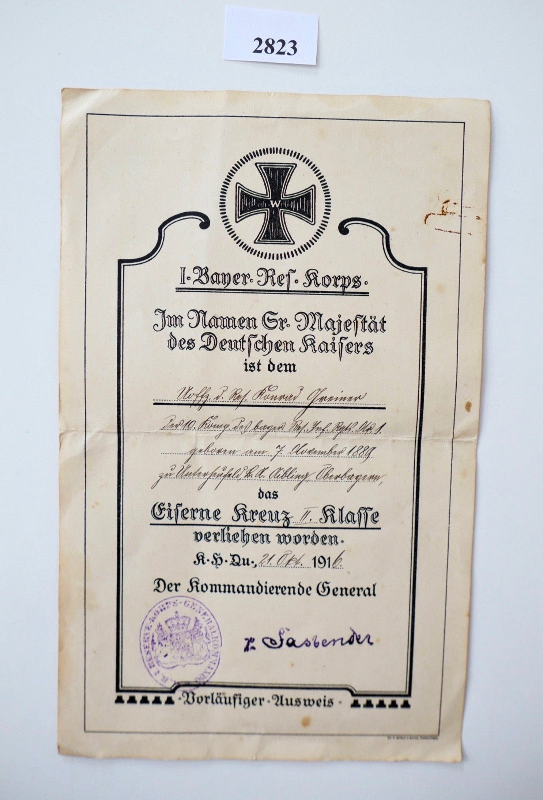 Urkunde Eisernes Kreuz 2. Klasse 1914 I. Vorläufig Bayer. Ref. Korps WK1