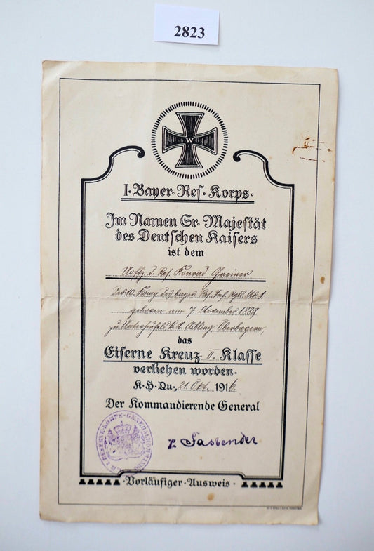 Urkunde Eisernes Kreuz 2. Klasse 1914 I. Vorläufig Bayer. Ref. Korps WK1