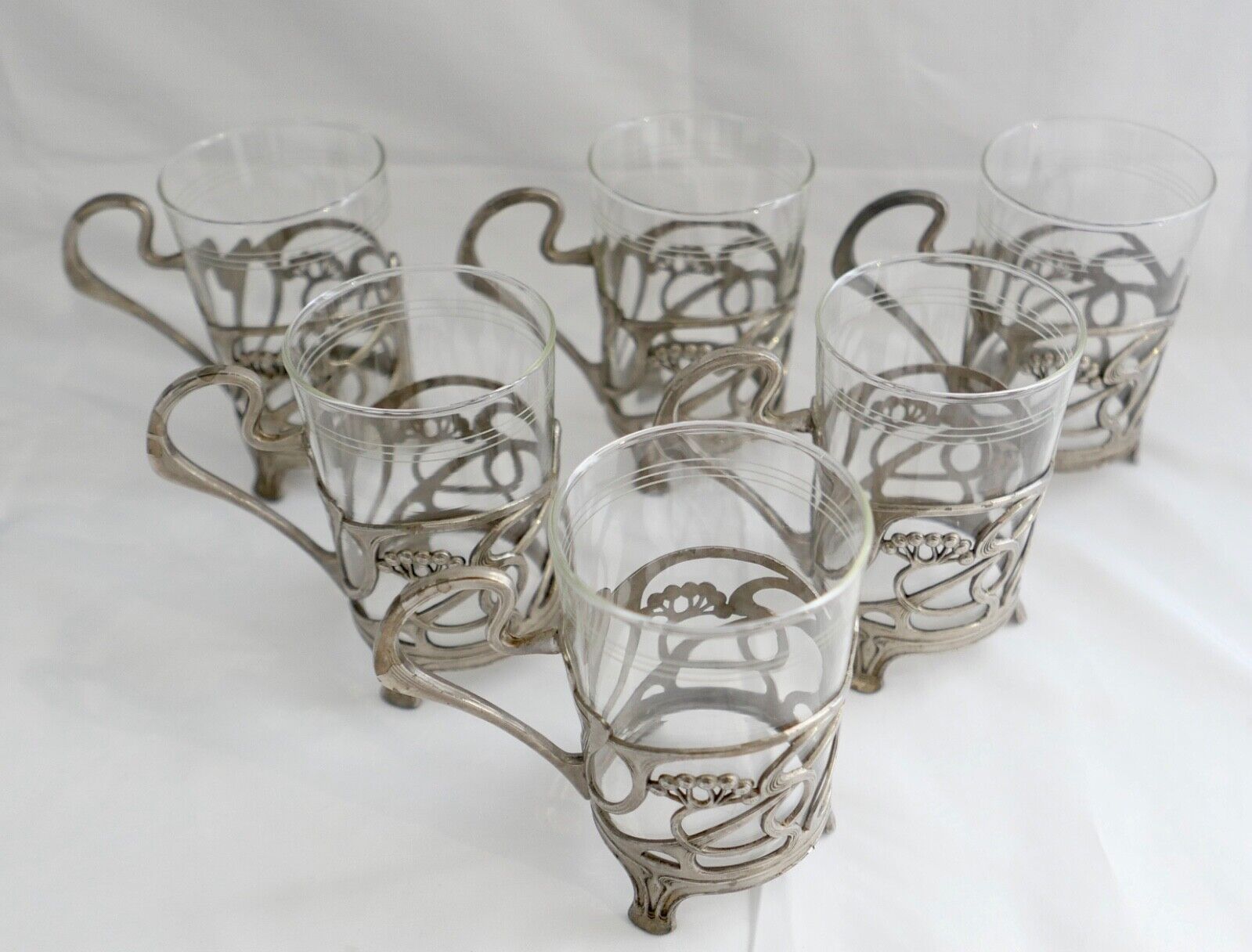 Set 6x Jugendstil Teeglashalter versilbert mit Schott Mainz JENAer Glas um 1900 - Antikhandel-Stuttgart