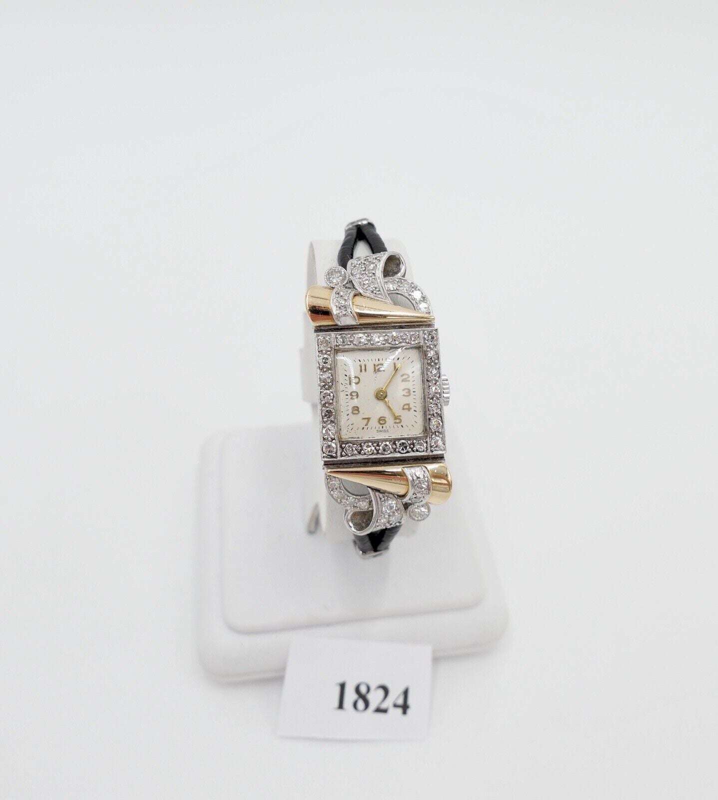 ART DECO DAMEN ARMBANDUHR 750 / 18K WEIß GELB GOLD 48x Diamant Brillant  2,16 CT