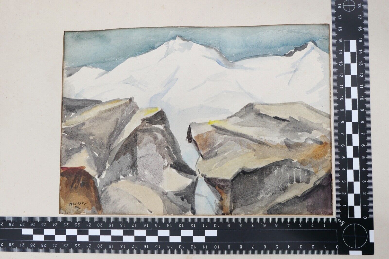 1939 Else Hertzer signiert und datiert Aquarell Winter Berge Landschaft 42x32 cm