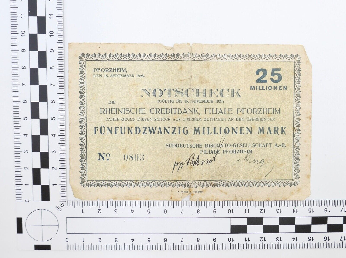 Notscheck 25 Millionen 1923 Pforzheim Süddeutsche Rheinische Creditbank