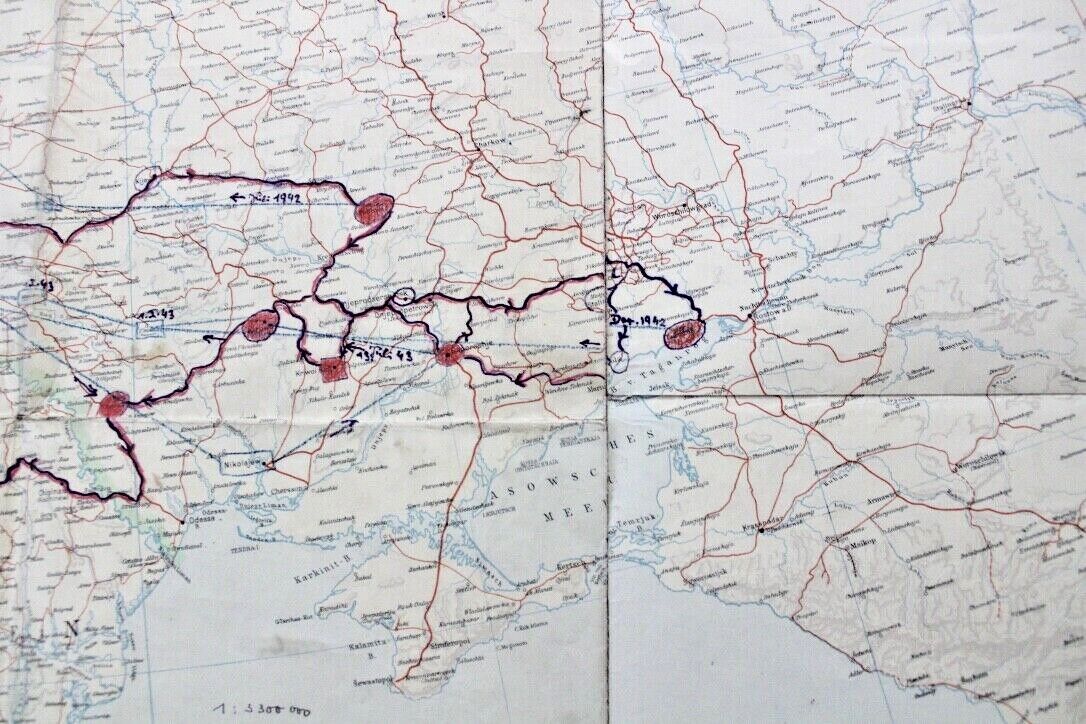 Landkarte Marschweg 1942-1943 WW2 WK2 Europäisches Rußland Dr. Stabsarzt Militär