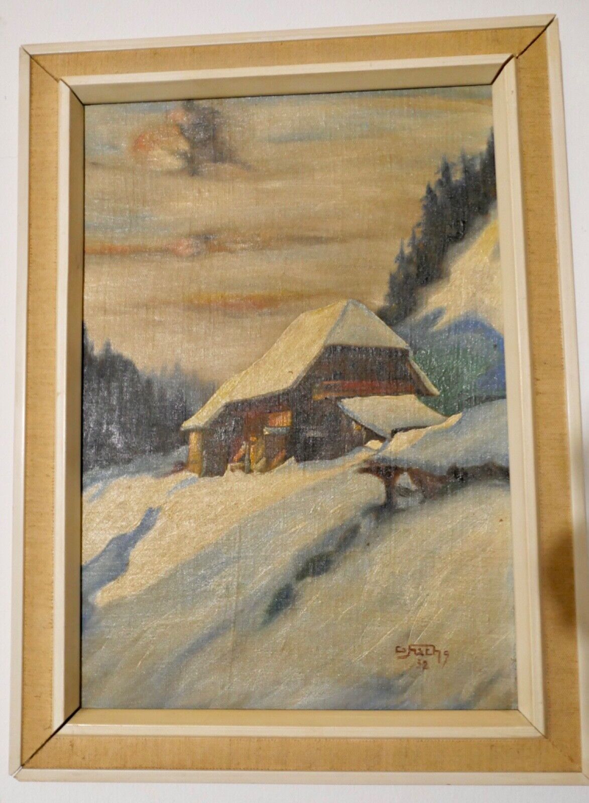 Ölgemälde signiert Fuchs  32 "LANDSCHAFT HÜTTE SCHNEE " 40x30 cm  BILD 